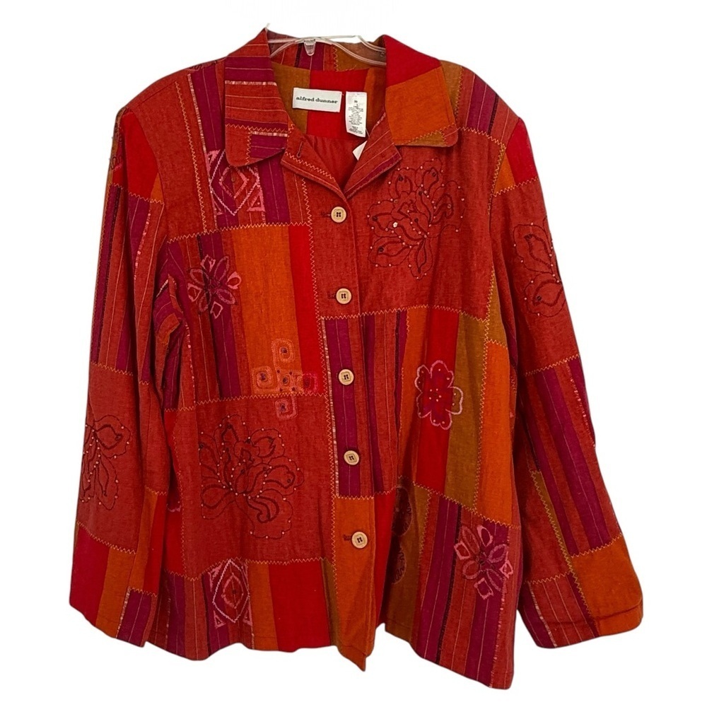 Alfred Dunner Jacket Blazer Patchwork Beaded Linen Button NWT Size 20 Floral